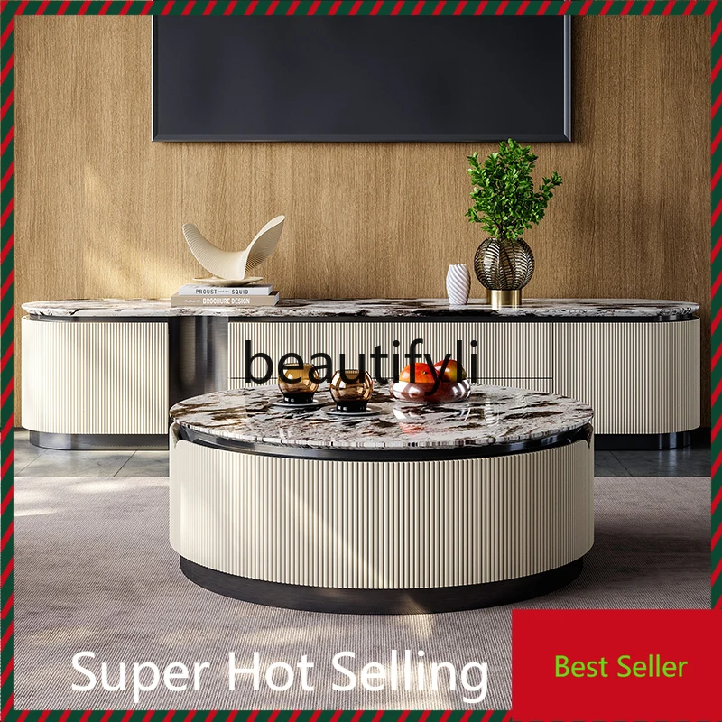 

High-end light luxury marble coffee table TV cabinet combination living room Italian minimalist paint natural luxury stone G1218