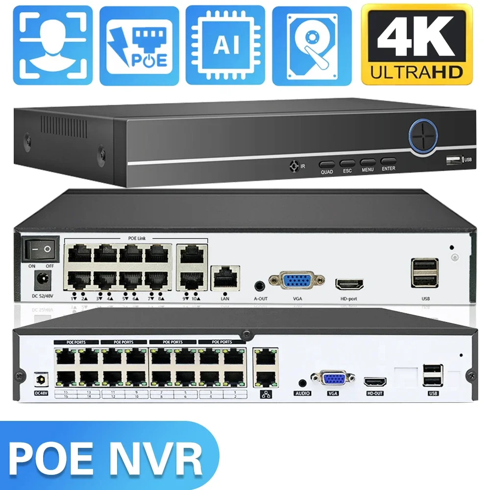

16CH 4K 8MP PoE NVR Video Recorder for Home Security CCTV System 10CH 24/7 Recording H.265 Face Detection 8CH Network Recorder