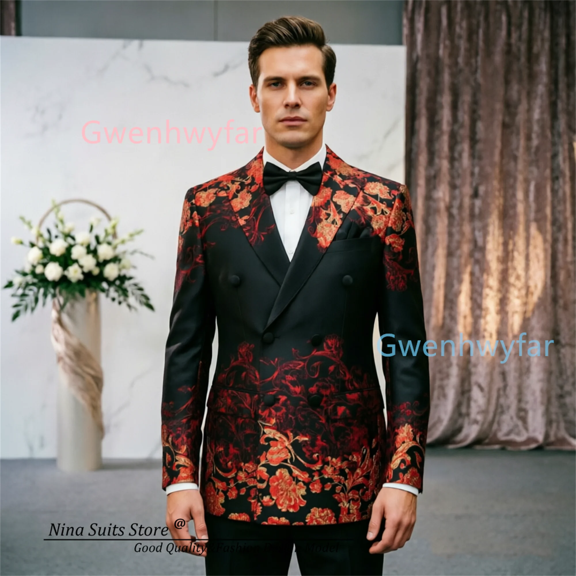 G&N 2026 Fashion Men's Custom Tailored Suiting Set with Red Floral Pattern on Black Jacket And Vest Solid Pants for Formal Party