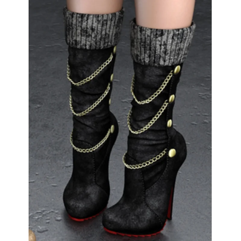 Black Chain Patchwork Knee High Boots Thin High Heel Round Toe Fashion Sexy 2024 Winter Big Size Woman Shoes Zapatillas Mujer