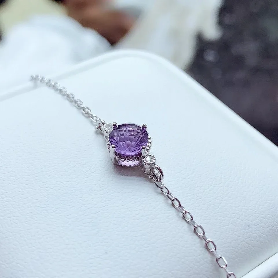 Pure Sterling Silver Amethyst Bracelet 6mm 0.8ct Natural Amethyst 925 Silver Bracelet 18K Gold Plated Crystal Jewelry