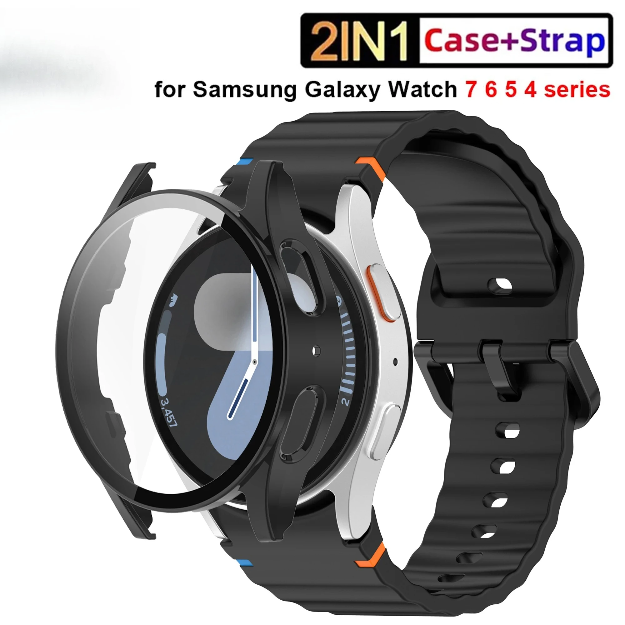 Pulseira de silicone para samsung galaxy watch 7 6 5 4 fe 40mm 44mm banda com vidro + pc caso protetor de tela pára-choques capa acessórios
