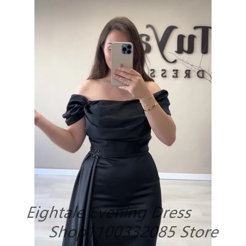 Eightale Black Mermaid Evening Dresses For Wedding Off Shoulder Pleats Celebrity Party Gown Arabia Satin Prom Graduation Dress