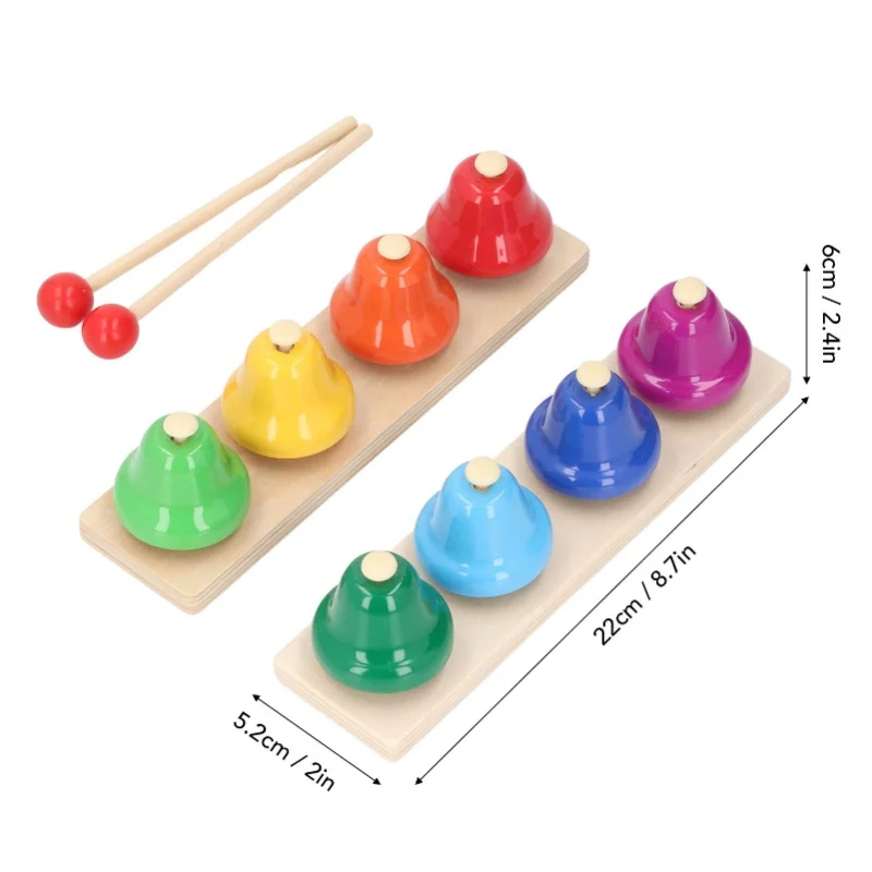 Sinos de mesa para crianças, instrumento de percussão, 8 notas, sinos musicais coloridos, instrumento de percussão, brinquedo com marretas de madeira