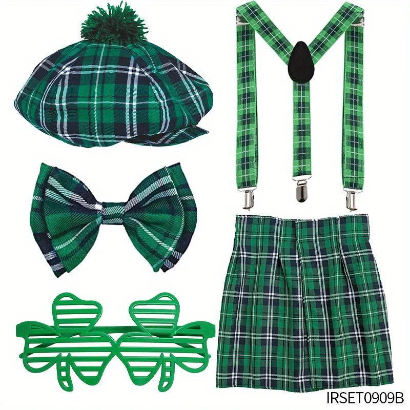 Conjunto de fantasia do Dia de São Patrício PESENAR: chapéu, gravata e acessórios xadrez verde, ideal para celebrações de feriados irlandeses