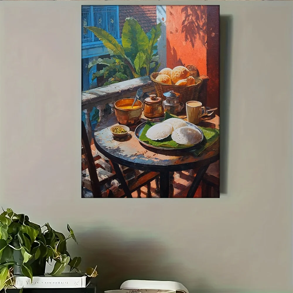 (No frame)1pc, with Frame, 12x16inch [2D Flat] HD Oil Painting Galore Terrace with Idli Dosa and Filter Coffee, Cultural Food