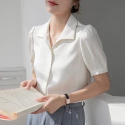 Women Summer Korean Slim Office Lady Shirring Solid Color Square Collar Short Sleeve Shirts Women Clothes Casual All-match Tops