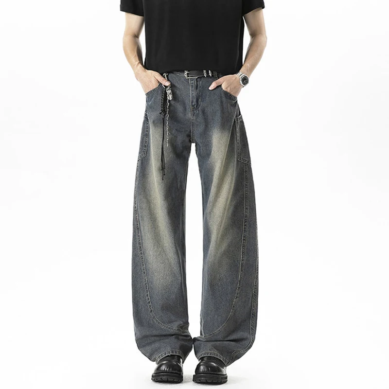 LUZHEN 2026 New Stylish Vintage Style Straight Tube Jeans Men's Gradient Washed Pleated Wide Leg Male Casual Denim Pants JY8186