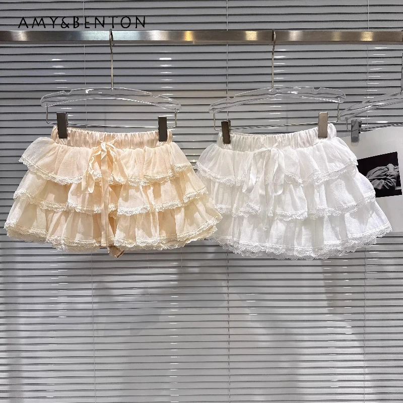 

2026 Summer New Sweet Lace Splicing Strap Women's Cake Skirt Original Design Solid Color Y2k Cute Versatile Mini Skirts Ladies