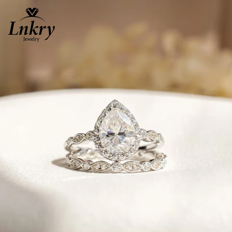 

Lnkry 7x10mm Transparent Waterdrop Zirconia Wedding Ring Set For Women 14k Gold Filled Ring Valentine's Day Jewelry Gift
