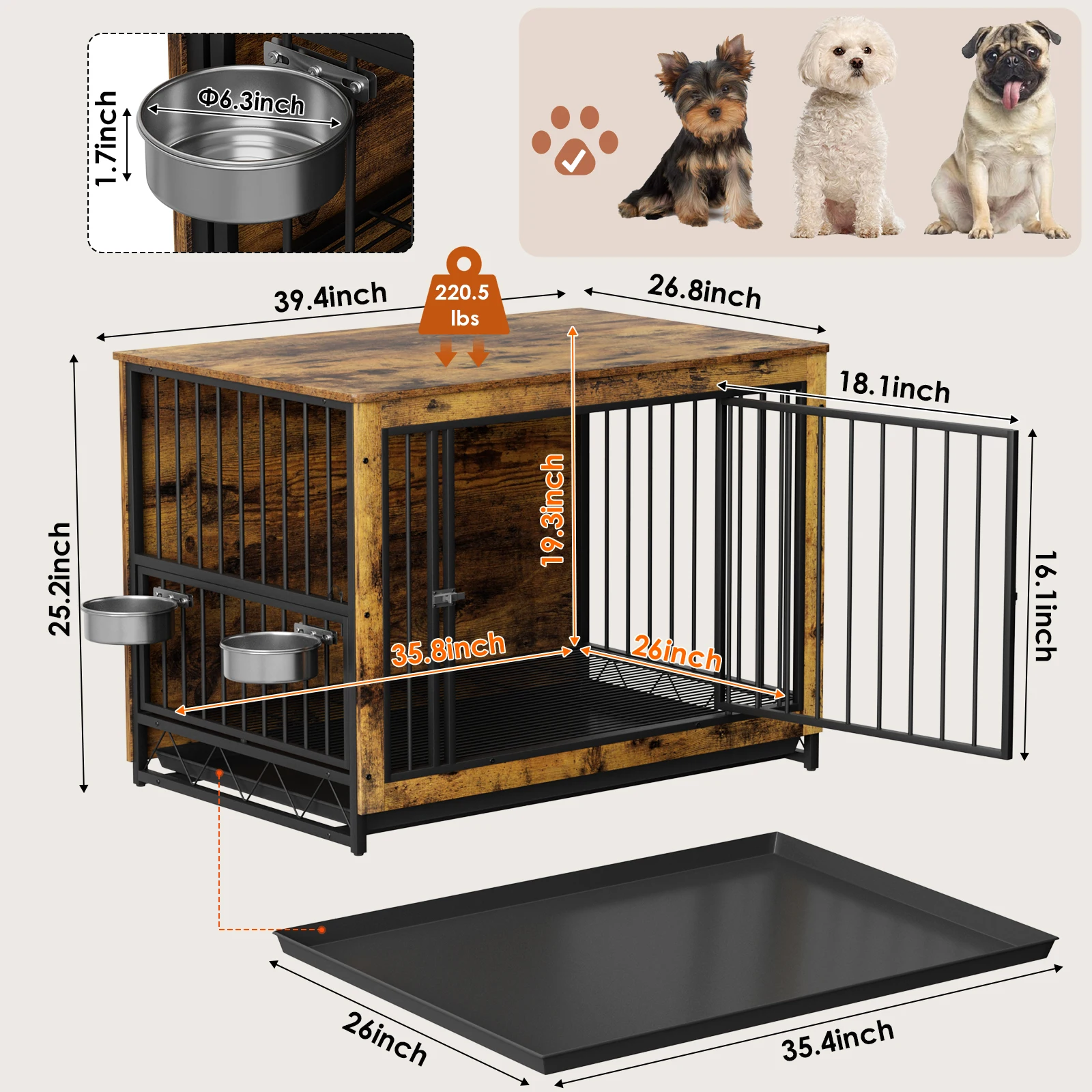 Houten Hondenkrat Meubels Met Afneembare Kommen, Hondenkrat Bijzettafel Met Dienblad, Dubbele Deuren Hondenkennels Voor Medium Indoor