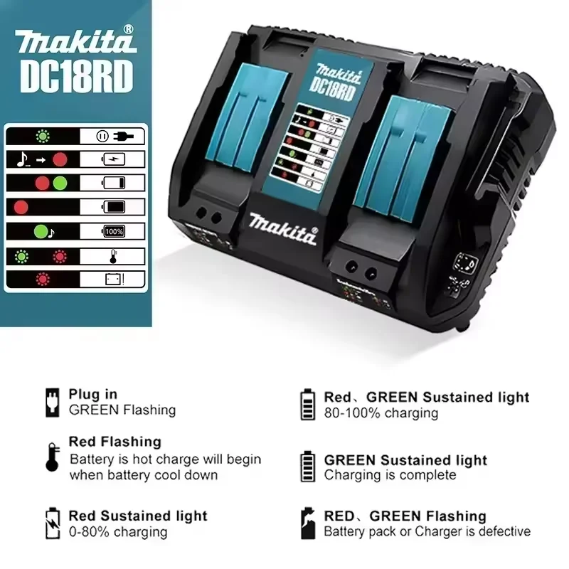 Original Makita DC18RD 14.4V-18V Dual Port Fast Charger LXT for BL1415 BL1430 BL1815 BL1830 BL1840 BL1850 BL1860 Li-ion Battery