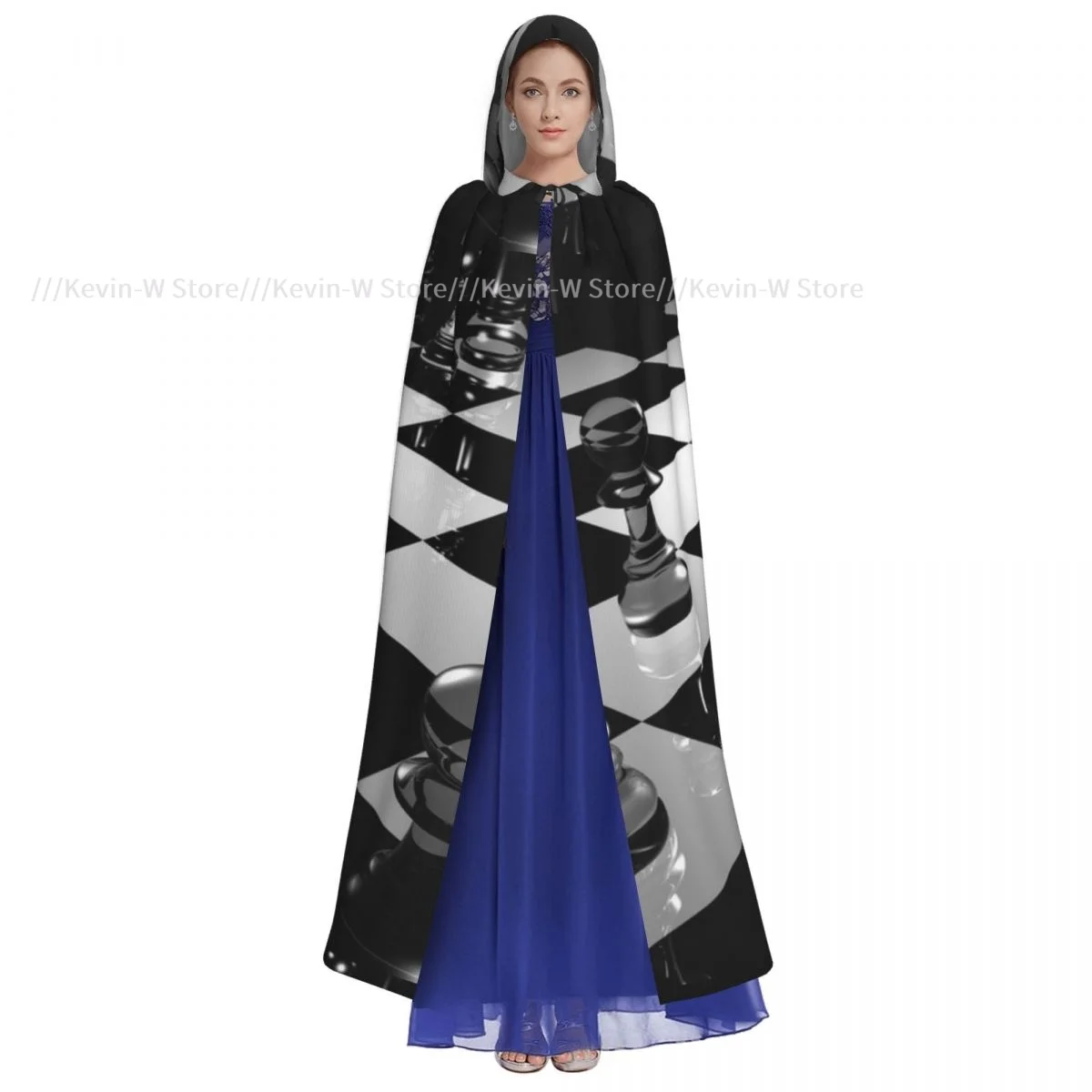 Long Cape Cloak Chess Board Print Hooded Cloak Coat Autumn Hoodies