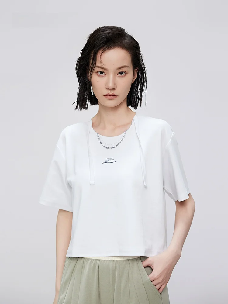 

XMOOM2024 Summer New round Ne Sa Nelace Print ort Box pe ort Sve T-irt Women's Faion Cotton Tee Simple Sle