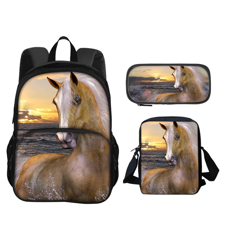 Horse round front bag, backpack, pencil case, shoulder bag, 3Pcs Set, animal horse 3D printing, large capacity student new item