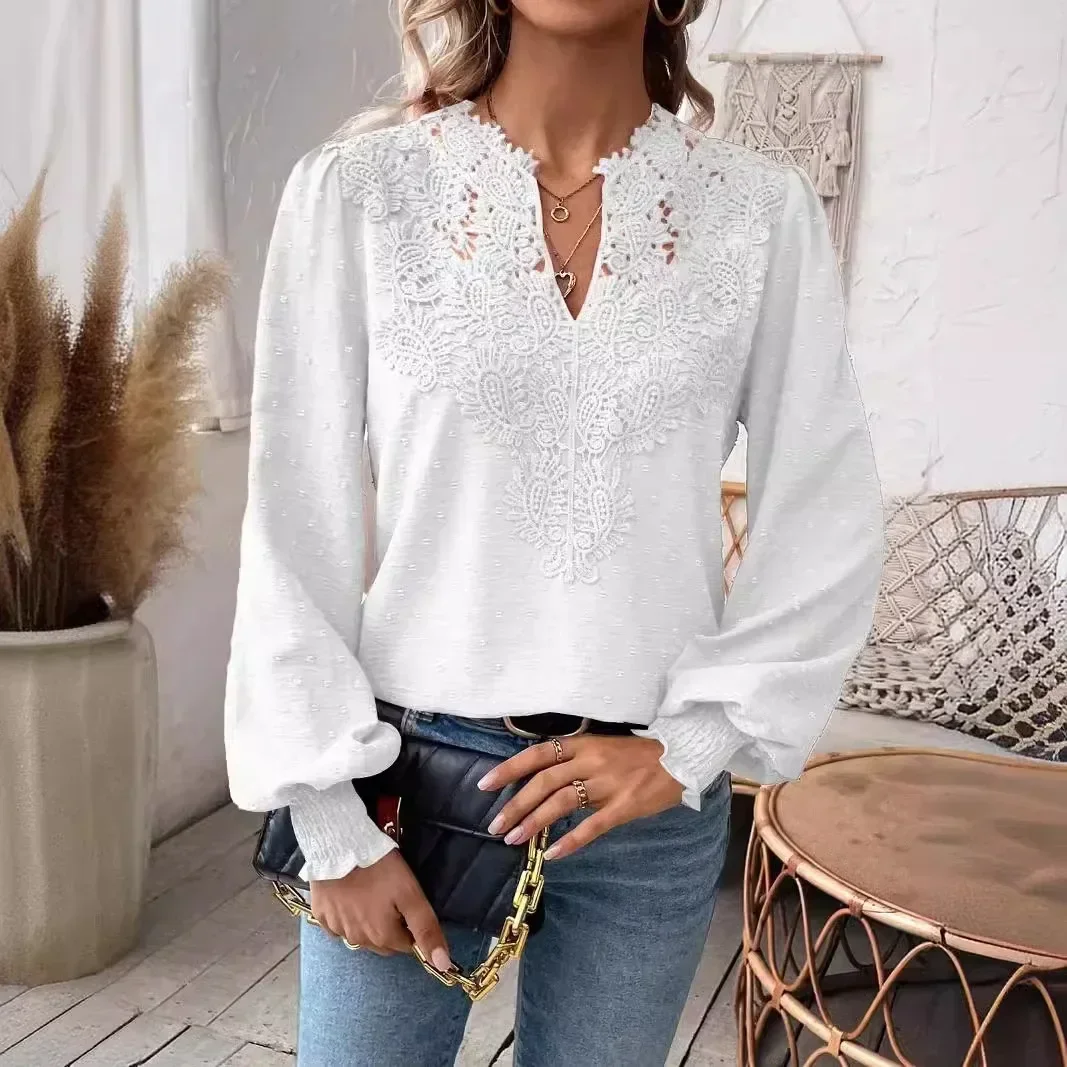 2024 Autumn Long Sleeve Lace Shirts & Blouses for Women Fashion Loose V-neck White Blouse Tops Blusas Casuales Mujer Clothing