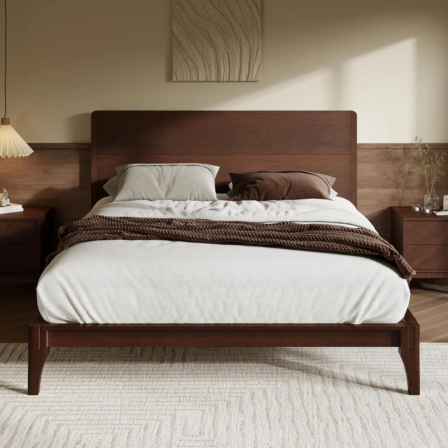 Merax Queen Size Bamboo Platform Bed, Mid-Century Modern Bed Frame with Tall Headboard, Solid Sustainable Bedframe Queen-Size, W