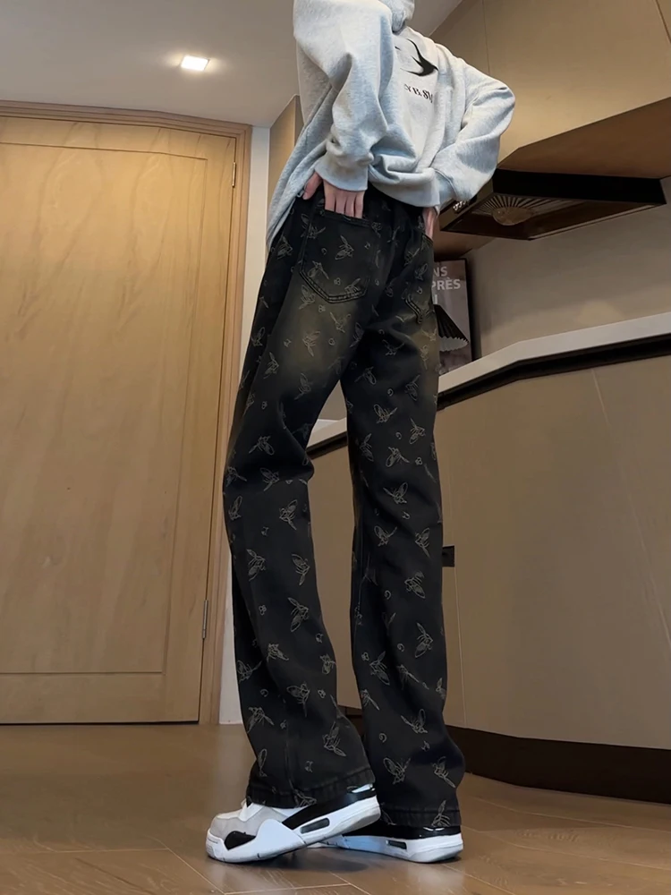 

Мужские джинсы прямого кроя с вышивкой, модные, с высокой талией, из смесового хлопка и полиэстера, износостойкие, повседневные, стильные