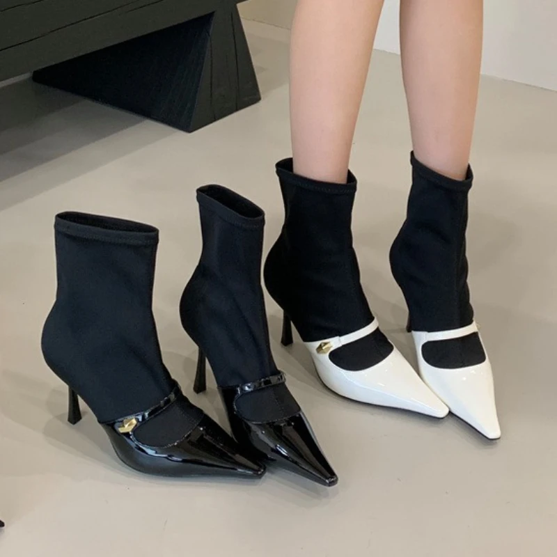 Botines de Otoño Invierno para mujer, botas altas con punta estrecha a la moda con empalme cálido, botas elásticas sexis de tacón fino, botas para mujer