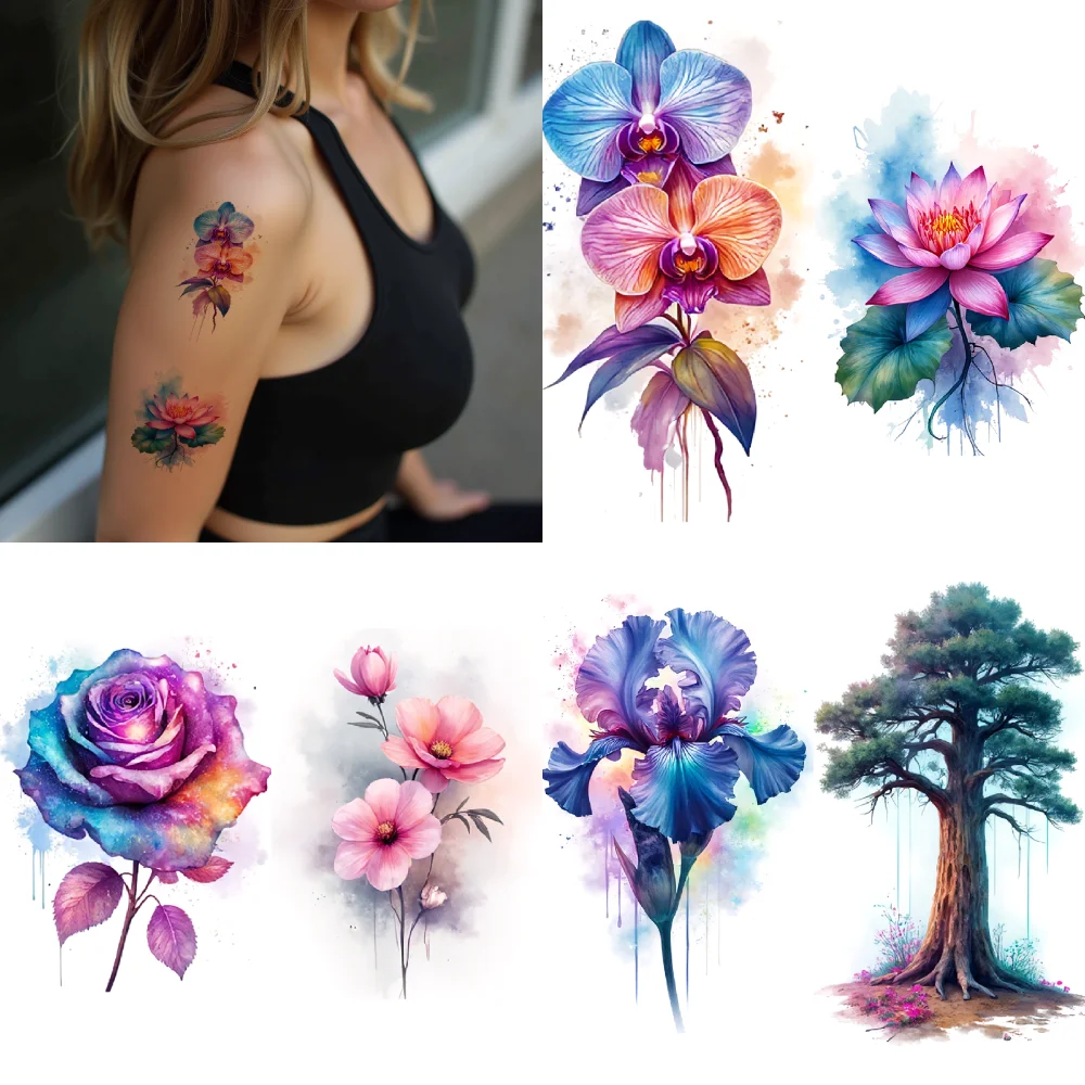 

9pcs Temporary Tattoo Sunflower Waterproof Long-lasting Body Stickers Iris Lotus Temporary Tattoo Stickers Orchid For Arms