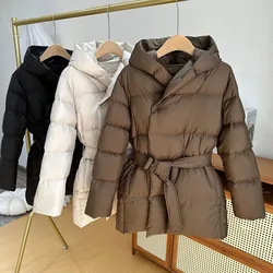 Winter Hooded Women's Down Jackets Ultra Light Warm Casual Lace-up Coat Female Puffer Jacket With Belt Elegant Parka Overcoat