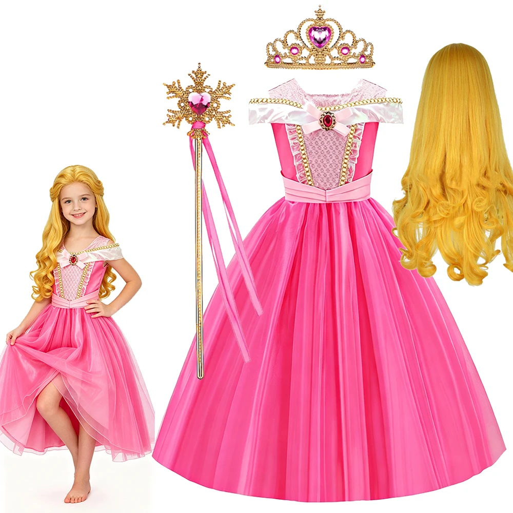 Aurora Dress Girl Pink Fancy Birthday Party Role Sleeping Beauty Costume Disguise Carnival Cosplay Dress Up