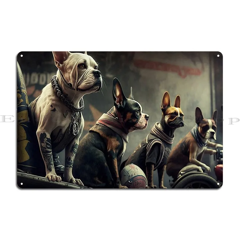 Biker Gang Of Tough And Mean Looking Dogs With Tattoos Lined Up Metal Plaque Bar Design Classic Club Plaques Tin Sign Poster