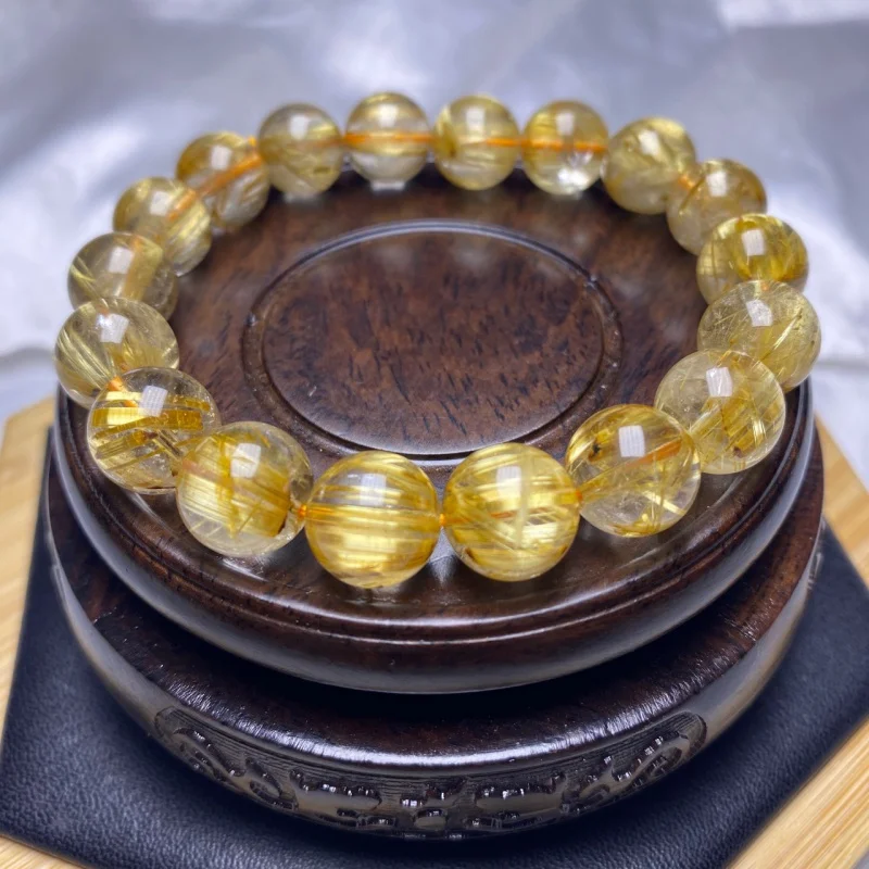 Gold Rutile Plate Silk Thick Straight Single Ring Bracelet Men's and Women's Crystal round Beads