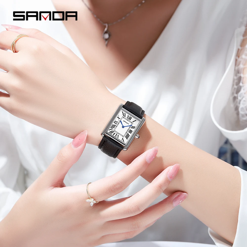 Sanda-Relojes de pulsera rectangulares para mujer, caja plateada, marca de lujo, banda de cuero genuino, reloj de cuarzo, Zegarek Damski