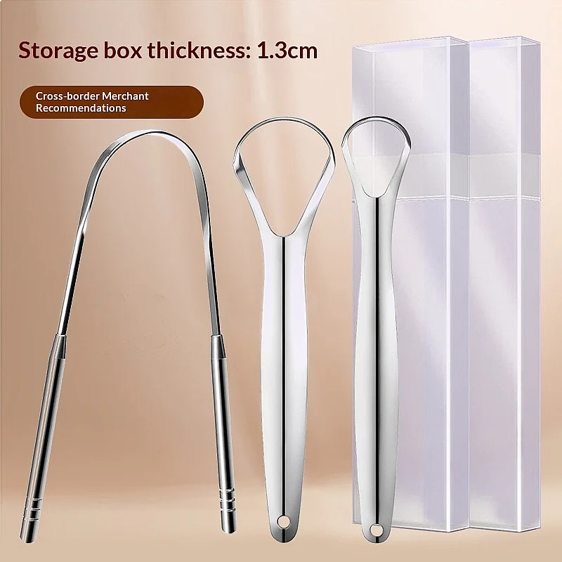 Tongue Coating Brush Scraper Stainless Steel Iron Box Set 3-Piece Oral Cleaner