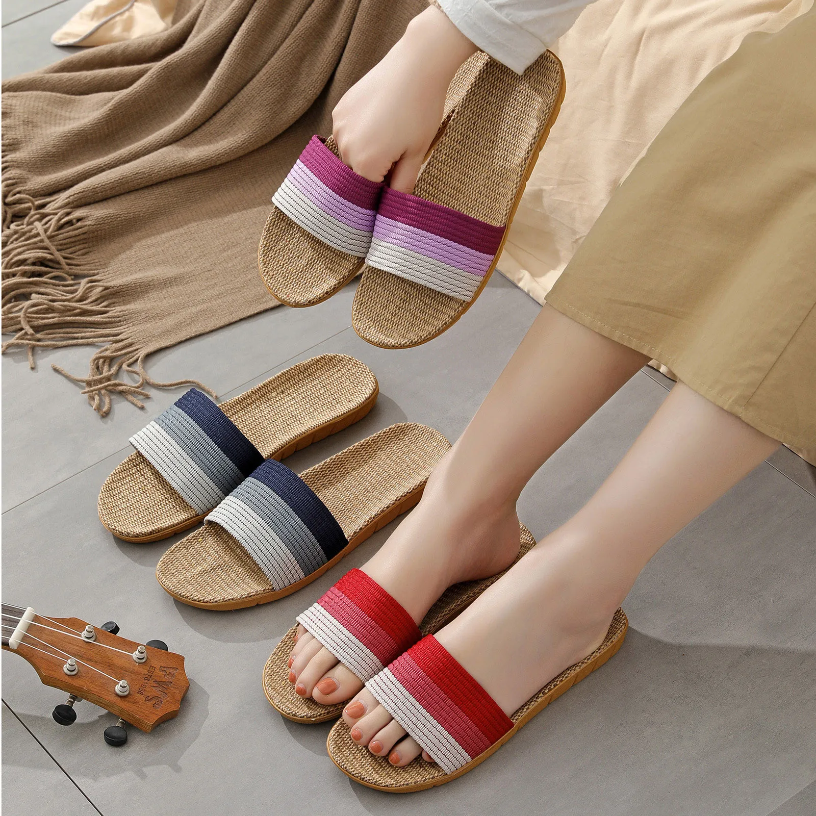 Women\'S Slippers Linen Lightweight Beach Outside Flat Sandals Ladies Casual Summer Stripe Homewear Slippers