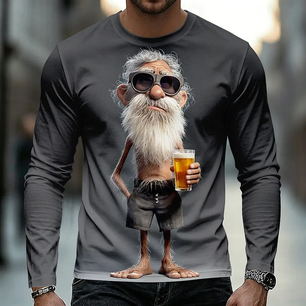 Stylish Cool Beard Old Man T-Shirt for Men Clothing 3D Funny Graphic Long Sleeve Summer Fall Tops, Casual Streetwear Apparel
