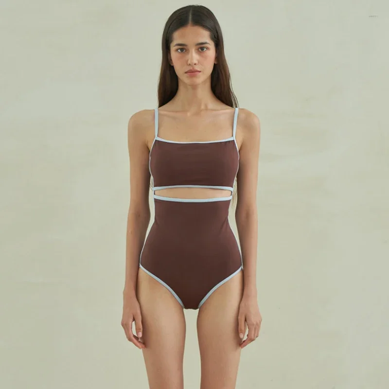 Sexy One Piece Solid Swimsuit Women Cut Out Bathing Suit Swimwear Monokini Bandeau Bathing Suit Korean Padded Beach Wear Brown