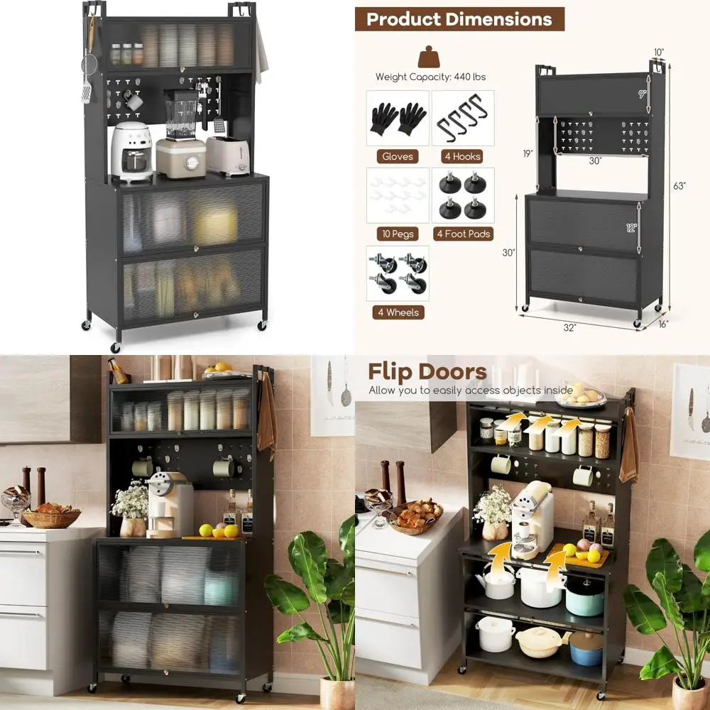

5-Tier Rolling Kitchen Baker's Rack with Flip Door Cabinets, Pegboard, Hooks, and Adjustable Shelves for Microwave Storage