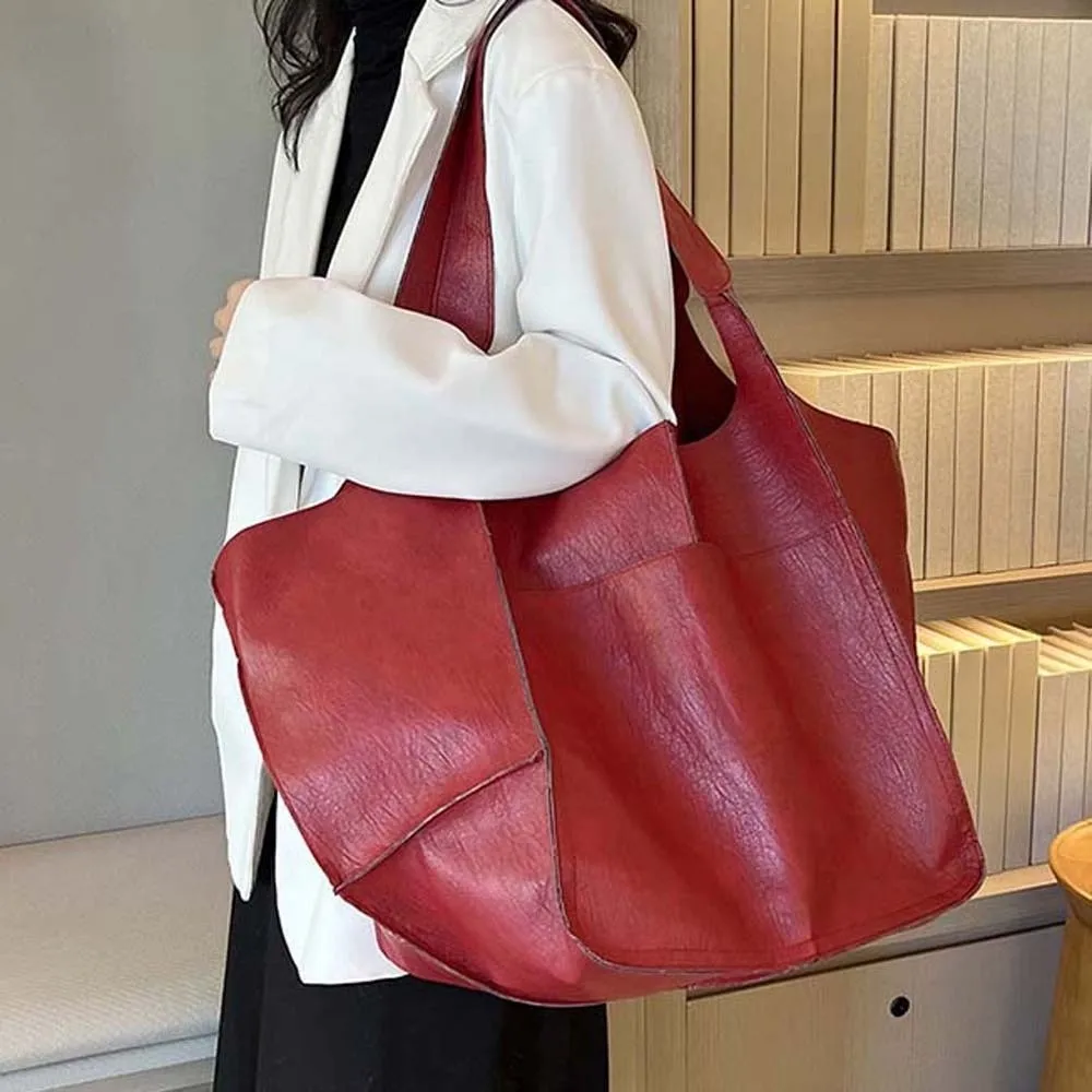 

Casual Soft PU Tote Bag Multi-Pocket American Style Large Capacity Shoulder Bag Magnetic Button Soft Versatile Commuting Handbag