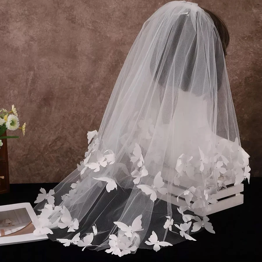 

Butterfly Pearls Bridal Veil 2 Layers Short Wedding Veils Customized