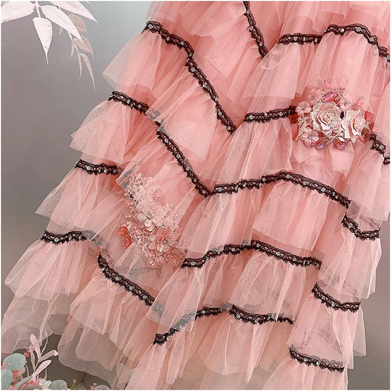 Fashion 2024 Autumn New Feminine Chic Skirt Bead Diamond Three-dimensional Flower Skirts Patchwork Cake Layer Yarn A-line Skirts