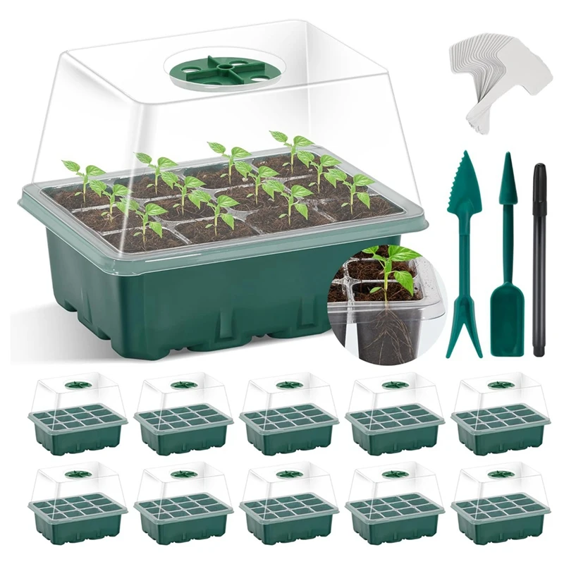 New 10 Pack Seed Starter Tray, 120 Cells Seed Starter Kit With Humidity Dome, Heightened Lids Seedling Starting Trays