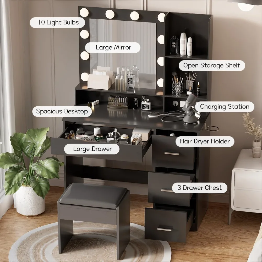 Vanity Desk with Mirror, Power Outlet and 10 Lights, Makeup Table with 4 Drawers, 3 Color Modes Available for Bedroom, Black