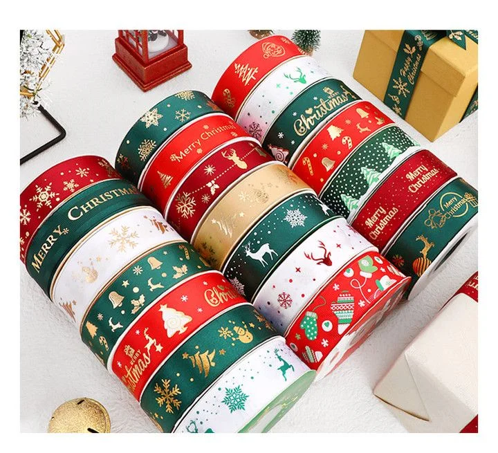 5M Weihnachtsband für Geschenkverpackungen, goldbedrucktes Weihnachts-Satinband, Navidad, Heimdekoration, Baumdekoration, DIY-Bastelzubehör, Neujahr 2026 Zubehör – Detail 1