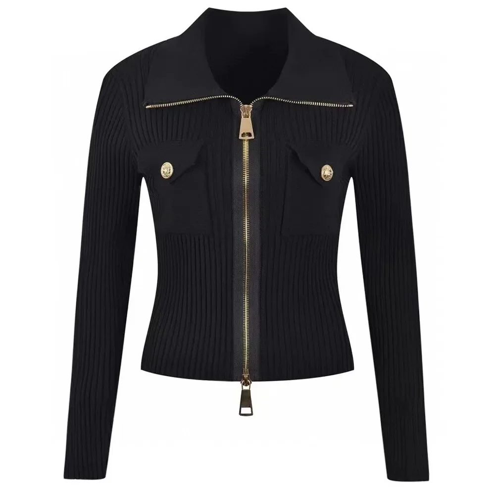 Spring 2024 new arrivals knitwear collection gold button long sleeve women fashion zip cardigan