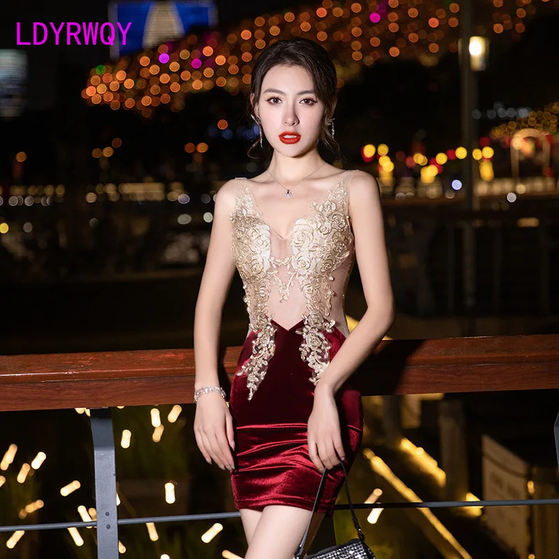 

Summer new women sleeveless sexy back revealing deep V slit dress hip wrap Office Lady polyester