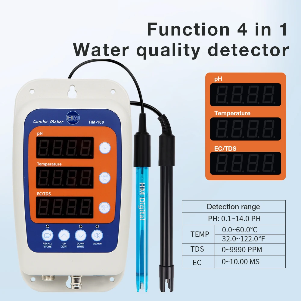 HM-100 4 in 1 Water Quality Tester Digital PH Meter Professional PH EC TDS Temp Monitor Water Detector for Hydroponics Fish Tank