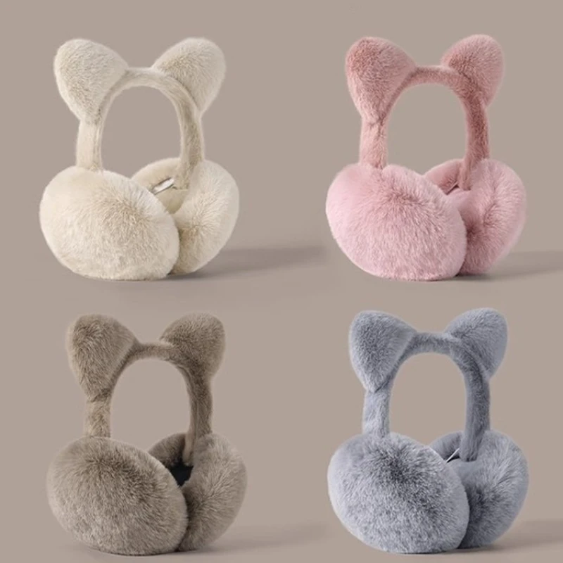 Cat ears foldable earmuffs plush warm ear covers portable ear protectors winter riding windproof earmuffs for women