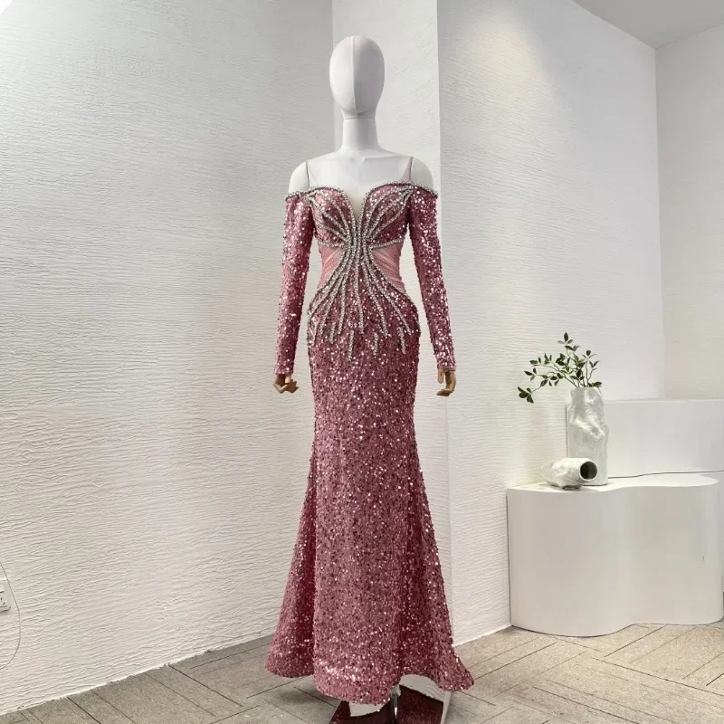 

Rose Red Off The Shoulder Beading Sequined Pealrs Maxi Dresses for Party High Quality Elegant Attractive 2025