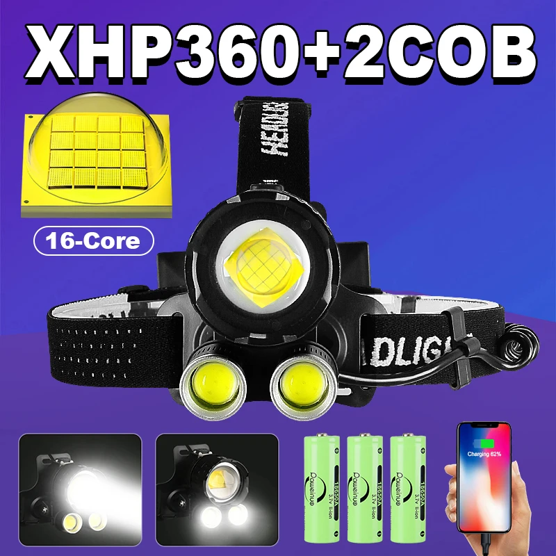 Most Powerful XHP360 Led Headlamp Headlight 18650 USB Rechargeable Head Flashlight 2COB Light Outdoor Camping Fishing Head Lamps