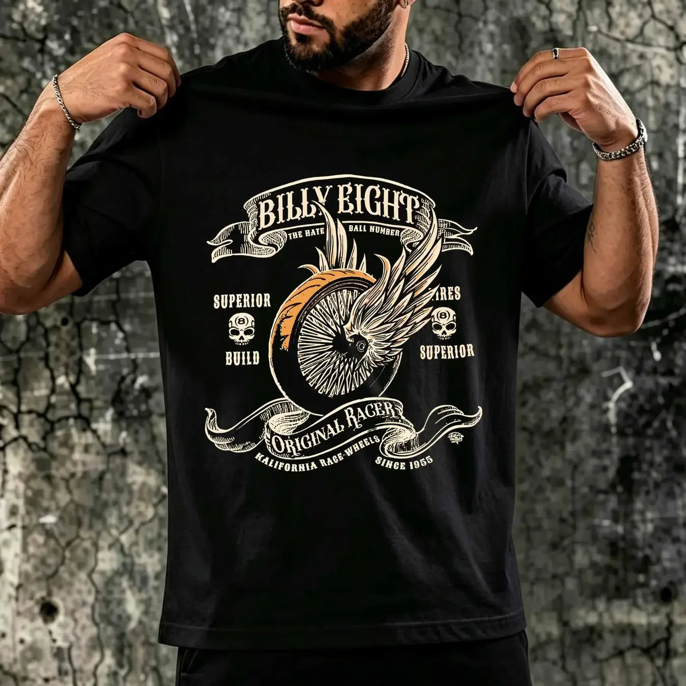washed T Shirt ORIGINAL RACER billy Eight Mens Black Biker Rock a USA long or short sleeves vintage Washed Comfortable fashion