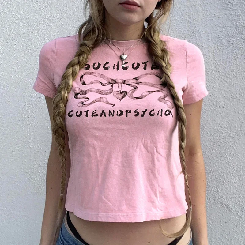 90s Print T-shirts Fashion Casual O Neck Short Sleeve Crop Tops Y2K Summer Sexy E-girl Baby Tee Women Pink Clothing Harajuku