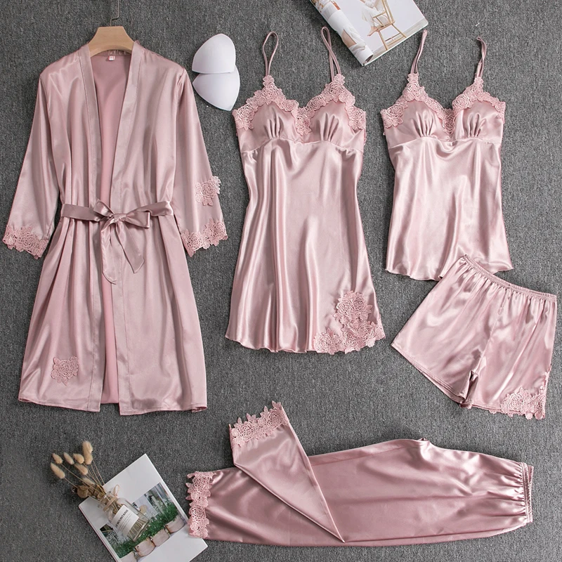 Pajamas Five Piece Set Casual Silk Satin Bathrobe Sexy Wedding Bride Robe Nightgown Summer Casual Female Home Clothes Loungewear