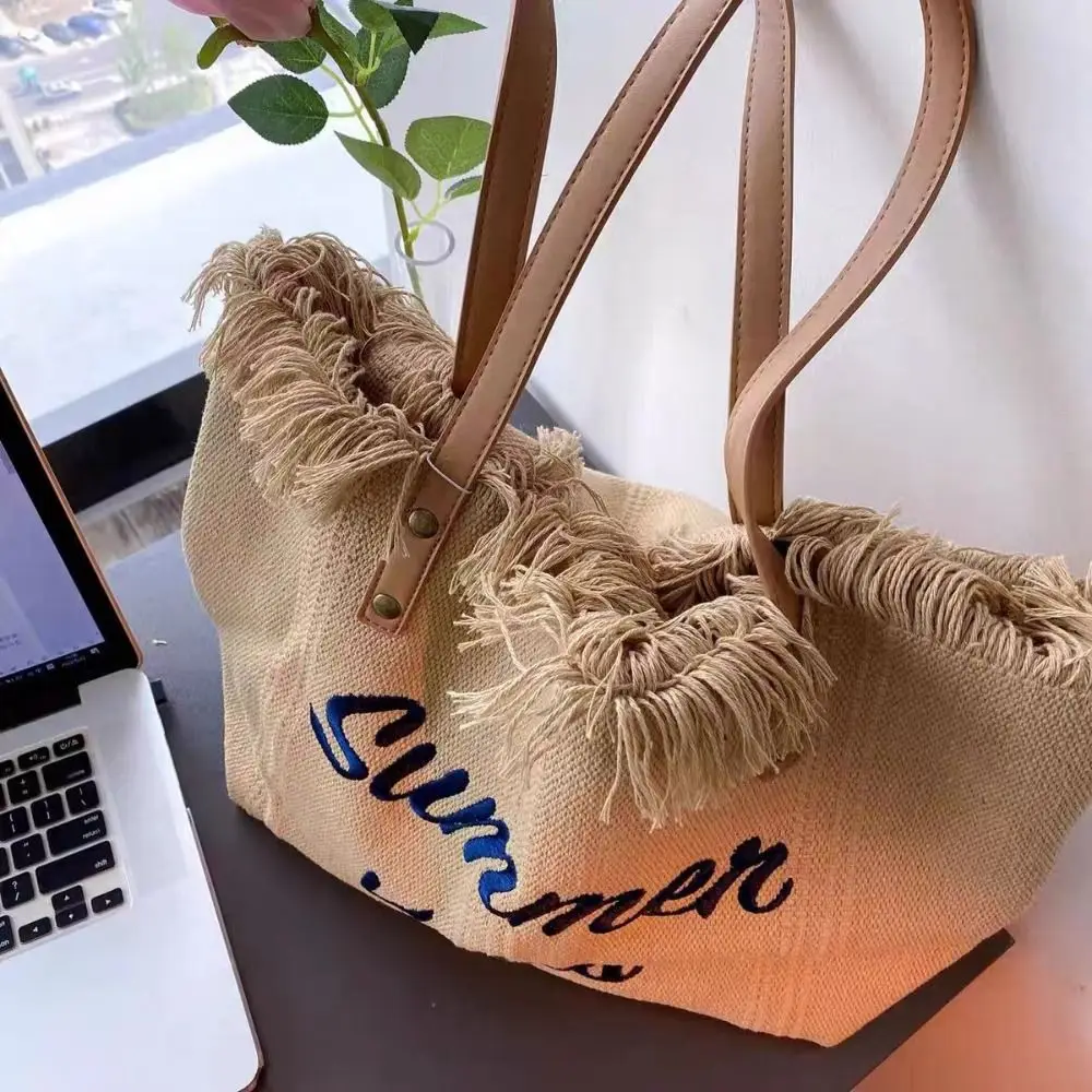 New Fashion Tassel Tote Bag Woven Canvas Bag Embroidered Alphabet Handbag Women\'s Large Capacity Shoulder Bag